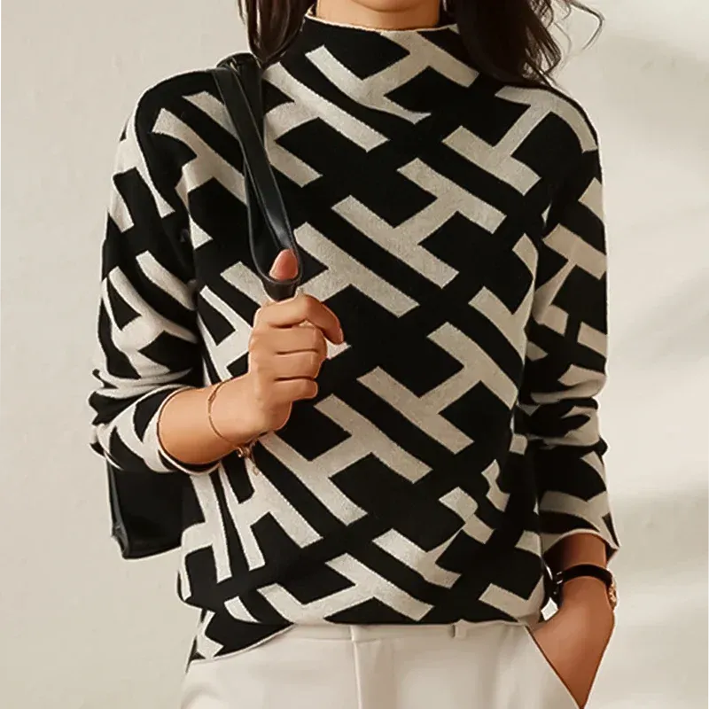 Women's Elegant Patterned Knitted Jumper with High Neck | Ideal for Autumn/Winter