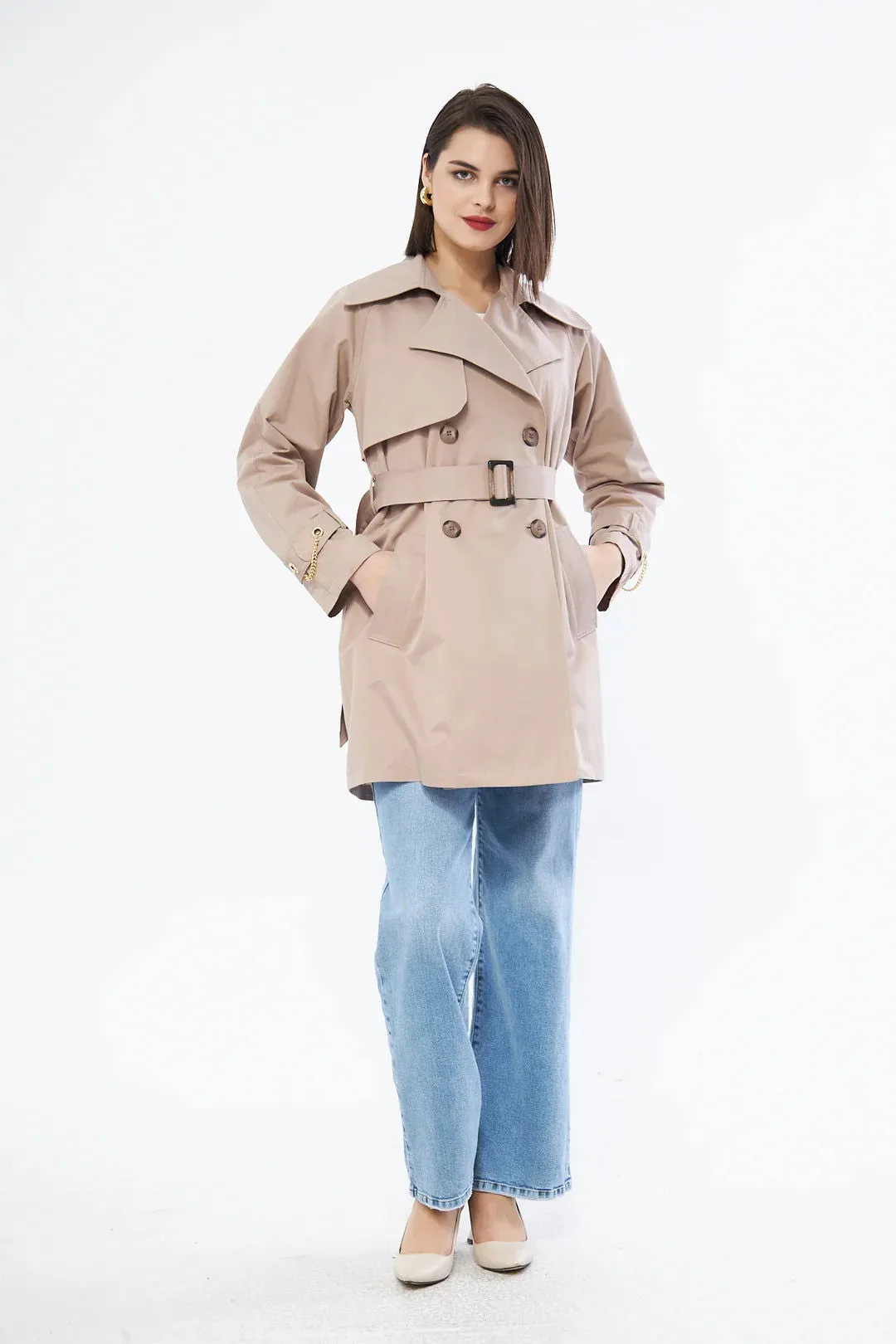 Women's Short Trench Coat with Chain Detail - Beige - SCB-W12404