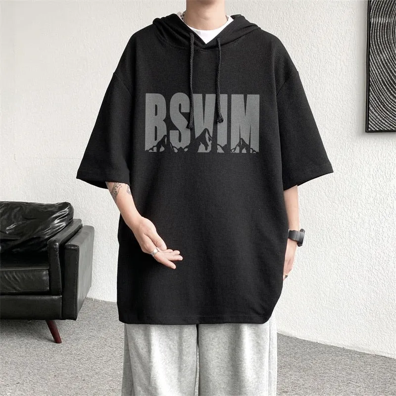 xiangtuibao Fashion Men Short Sleeve Hoodies Letter Printing Black White Summer Casual Hooded Jumper Oversize Clothing Streetwear Pullover