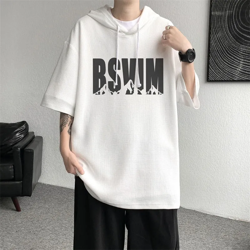 xiangtuibao Fashion Men Short Sleeve Hoodies Letter Printing Black White Summer Casual Hooded Jumper Oversize Clothing Streetwear Pullover