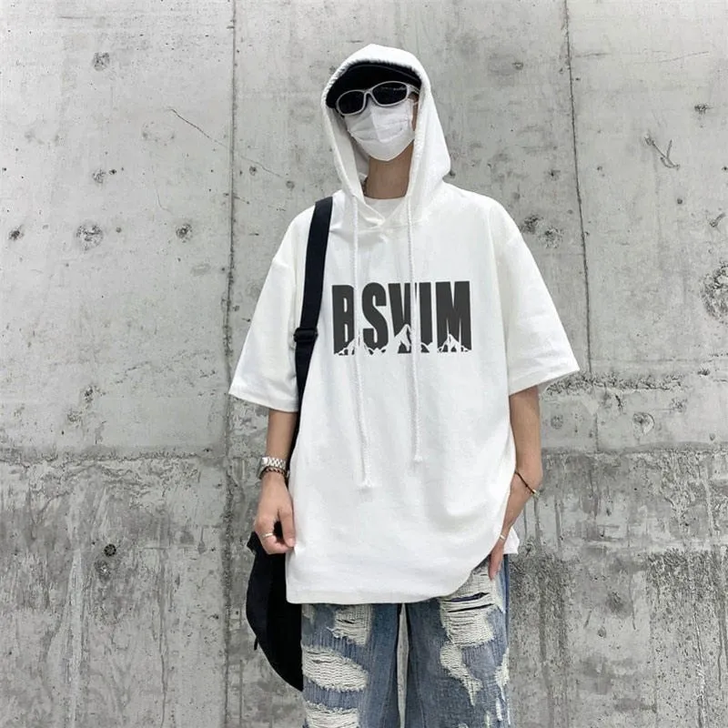 xiangtuibao Fashion Men Short Sleeve Hoodies Letter Printing Black White Summer Casual Hooded Jumper Oversize Clothing Streetwear Pullover