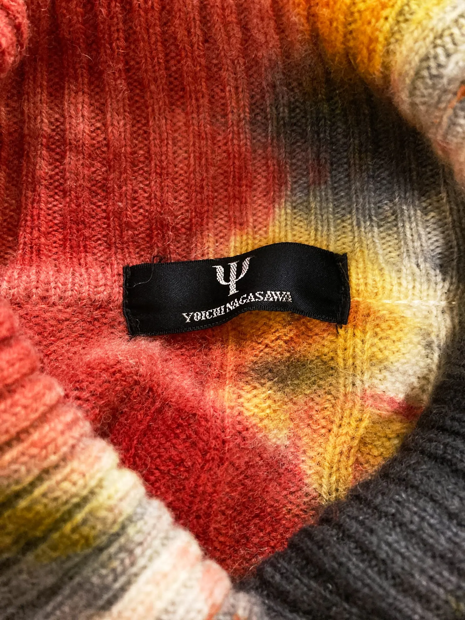 Yoichi Nagasawa 1990s red multicolour tie dye wool cable knit turtleneck jumper