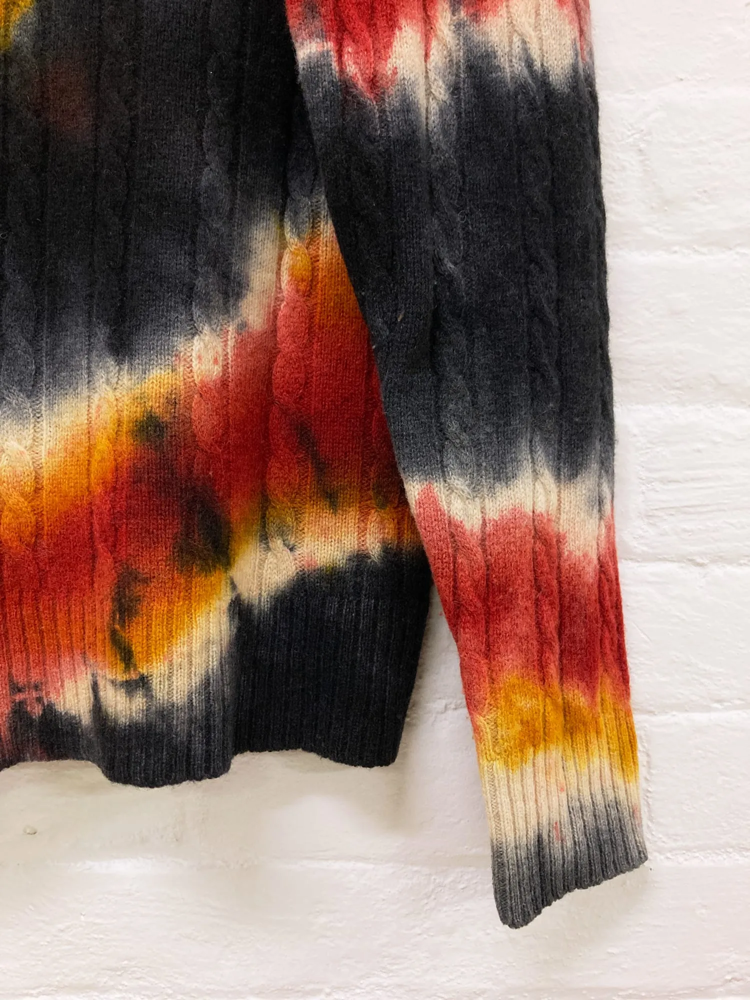 Yoichi Nagasawa 1990s red multicolour tie dye wool cable knit turtleneck jumper